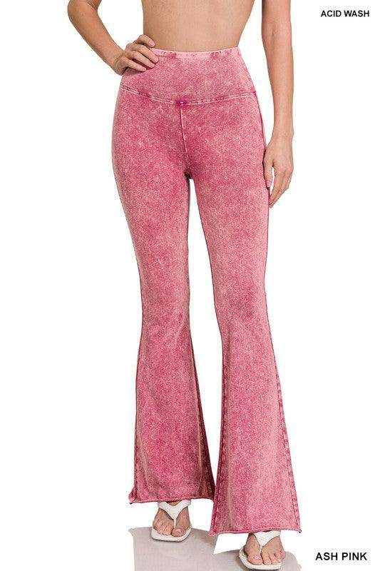 Women's ZENANA vintage style flared pants in acid wash ash pink for a trendy look