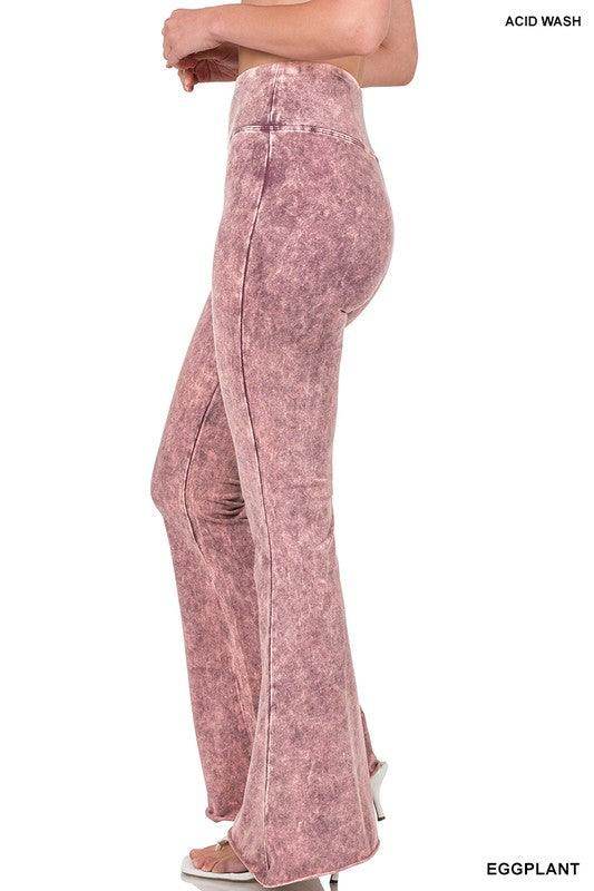 ZENANA Women's Vintage style flared pants in acid wash eggplant with a fitted waist and flared legs