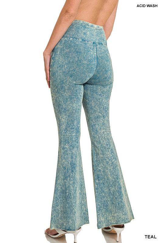 Back view of ZENANA women's acid wash vintage style flared pants in teal color showcasing a flattering fit