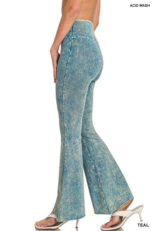 Women's ZENANA Acid Wash Vintage style flared pants in teal with a high-waisted fit