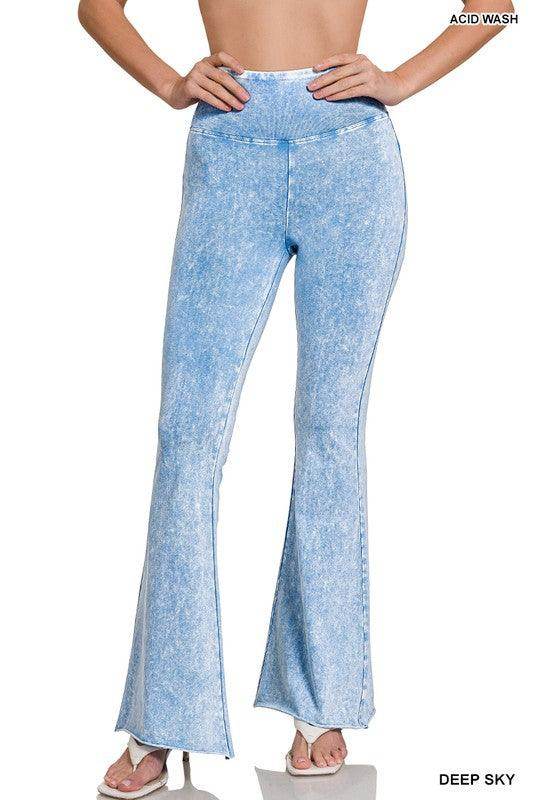 ZENANA vintage style flared pants in acid wash blue for a trendy, retro look