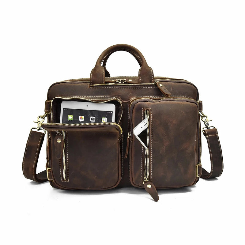 High Quality Leather Professional Bag 3 Ways to Use . Brown leather briefcase with zip pockets showing tablet phone shoulder strap