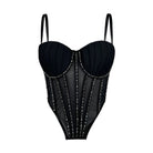 Black sexy clubwear bustier shirt with mesh panels and decorative bead detailing
