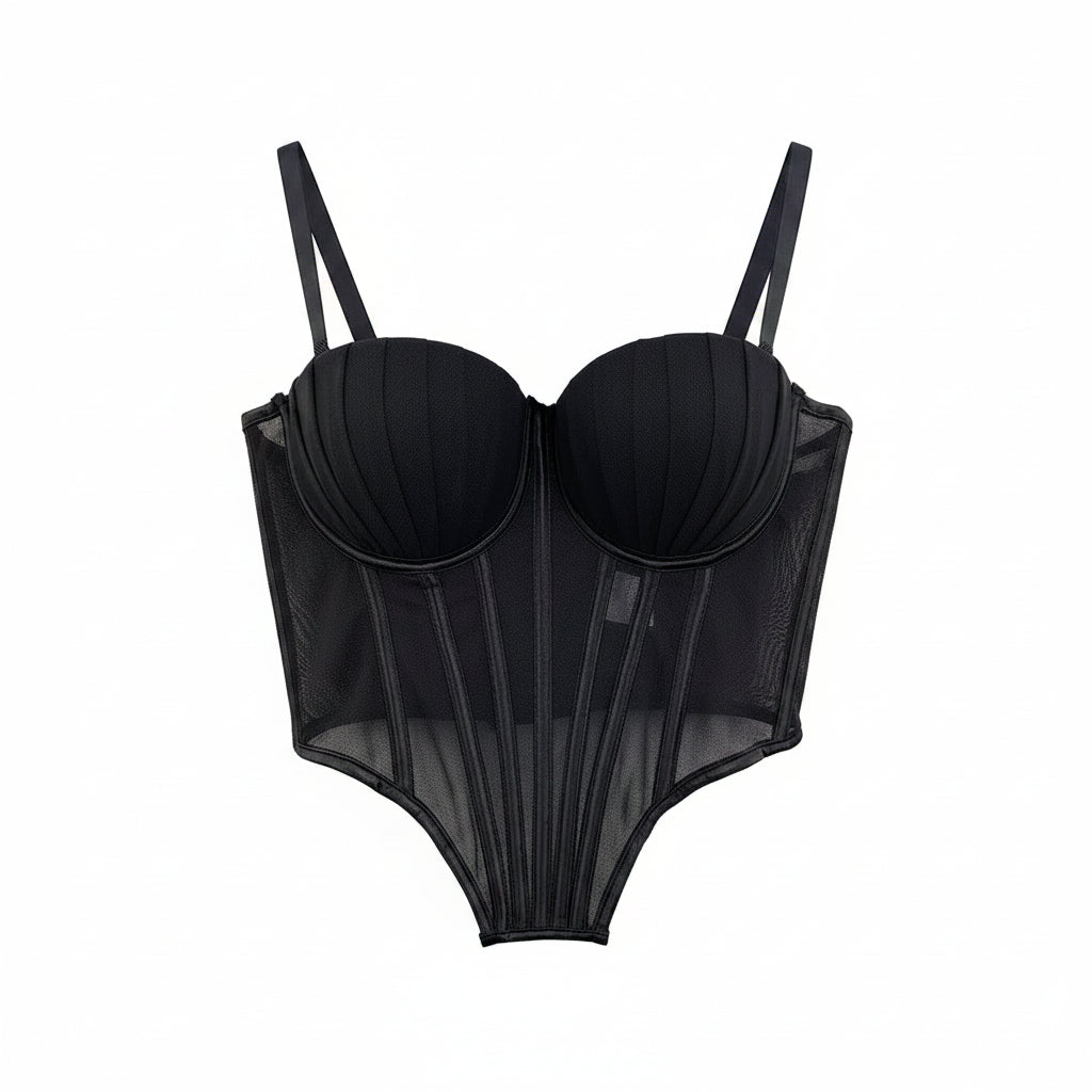 Black sexy clubwear bustier shirt with padded cups and sheer mesh panels by VacationGrabs