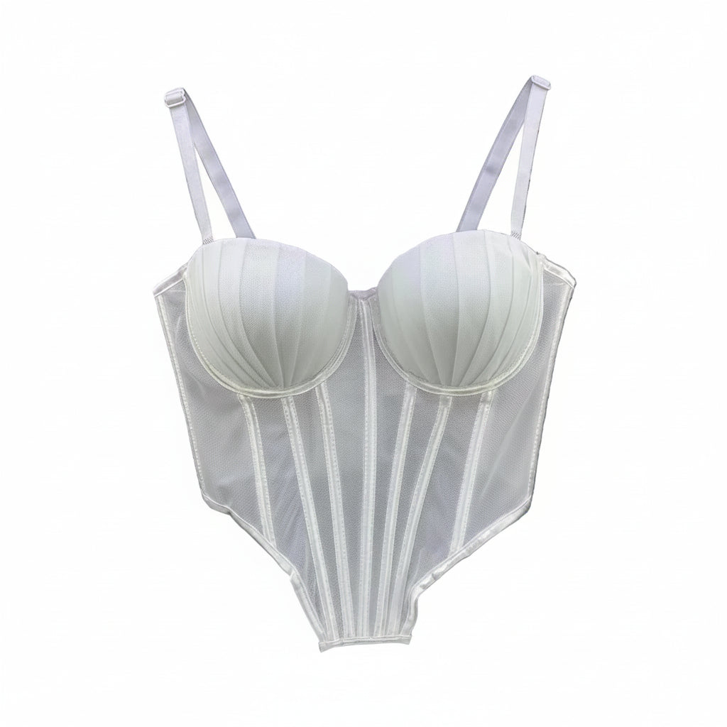 White sexy clubwear bustier shirt with structured cups and adjustable straps hanging on a wooden hanger