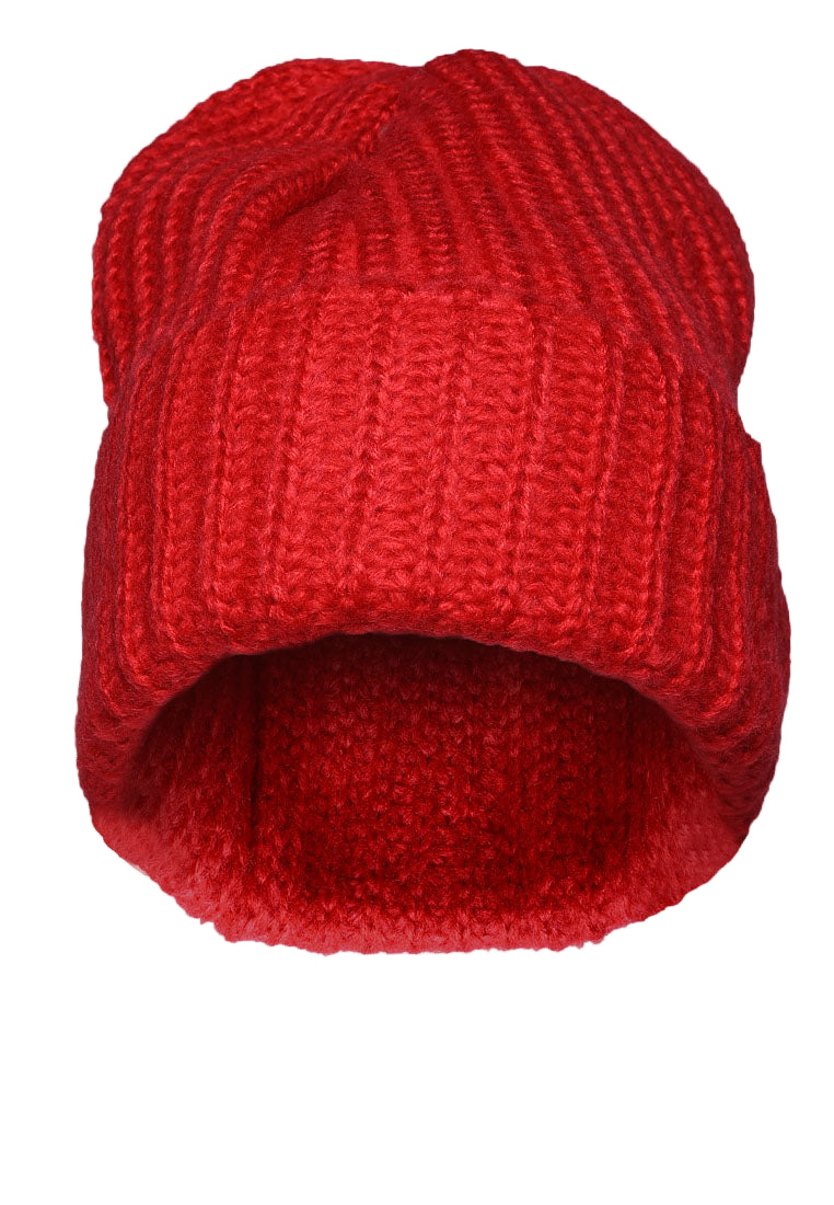 Red knitted beanie on a white background