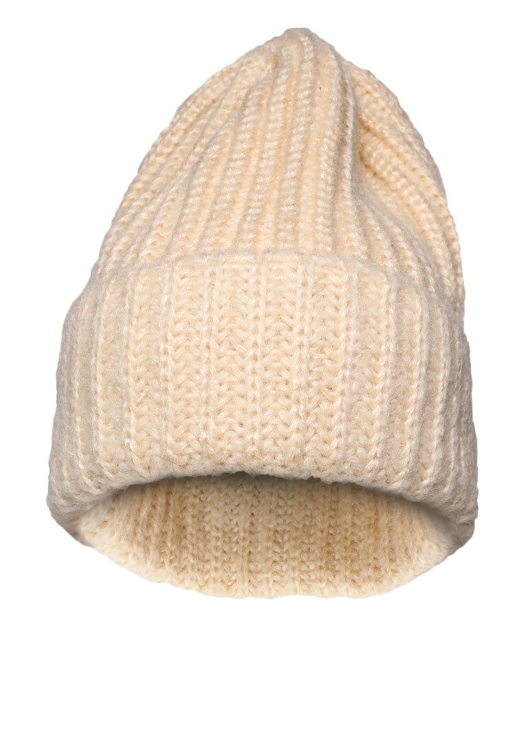 Beige knit beanie on a light gray background