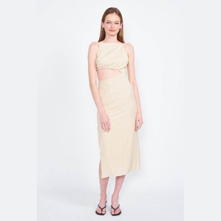 Emory Park women's waist cut out dress in beige with a stylish mid-length design