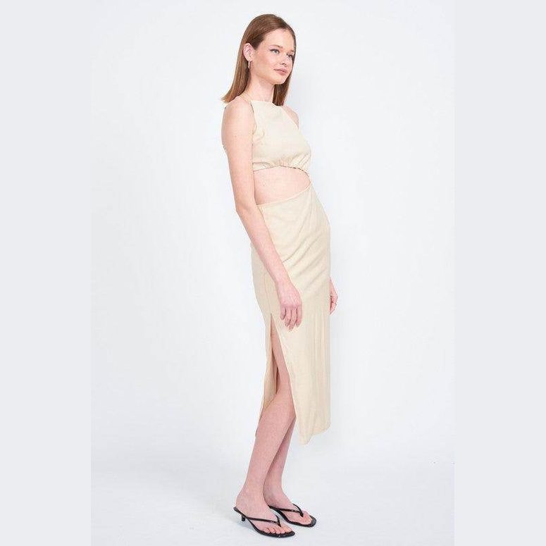 Emory Park women's waist cut out dress in beige with side slits and a fitted silhouette