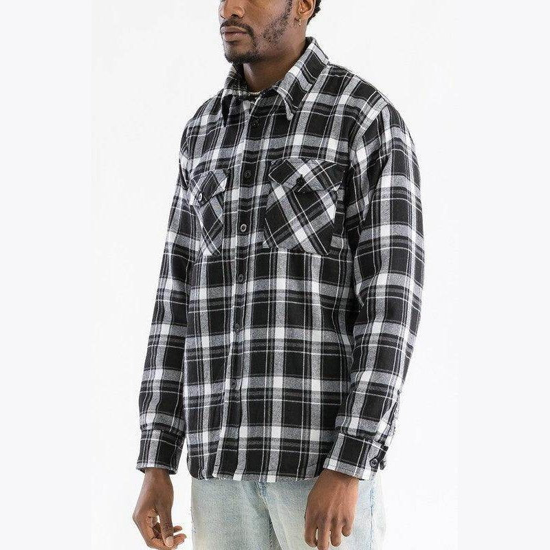 WEIV warm mens plaid shirt in black and white with button closure and chest pockets