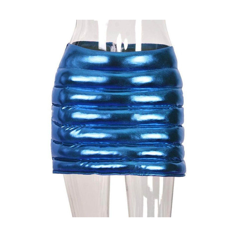Warm metallic mini skirt by Red Iphigenia in shiny blue with a stylish ruched design
