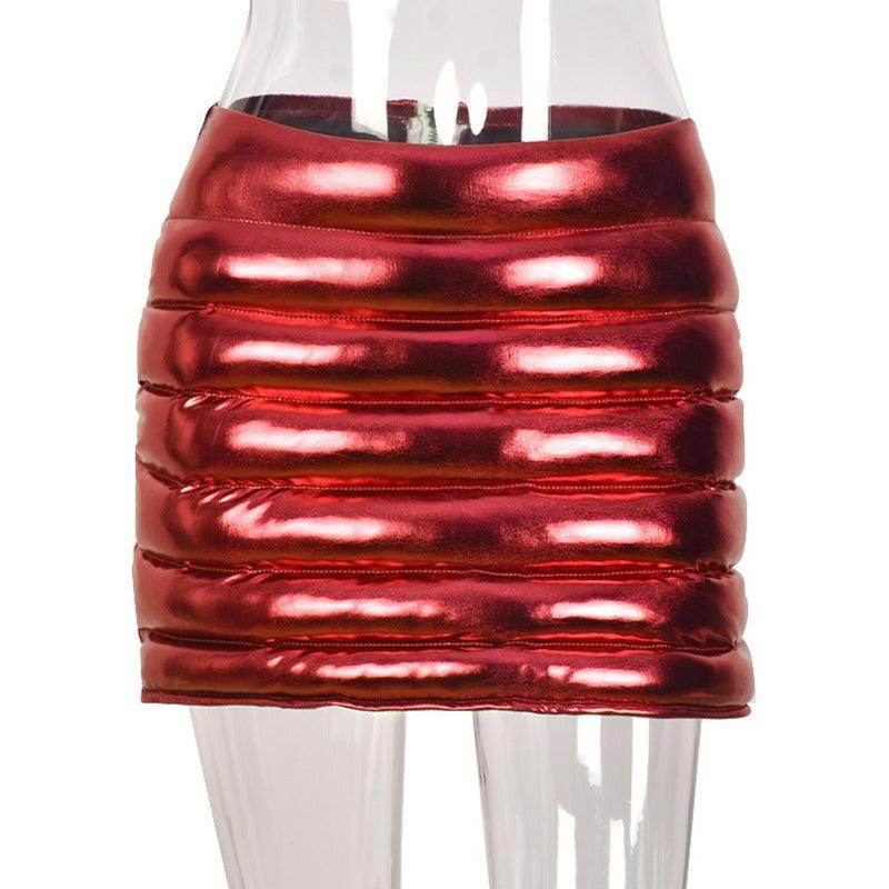 Red Iphigenia warm winter puffer skirt with a shiny plissé design for stylish winter layering