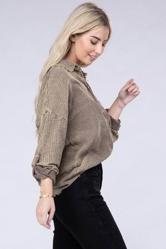 Washed Double Gauze Button Down Shirt - VacationGrabs