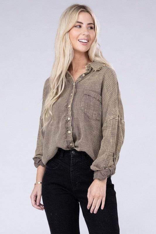 Washed Double Gauze Button Down Shirt - VacationGrabs