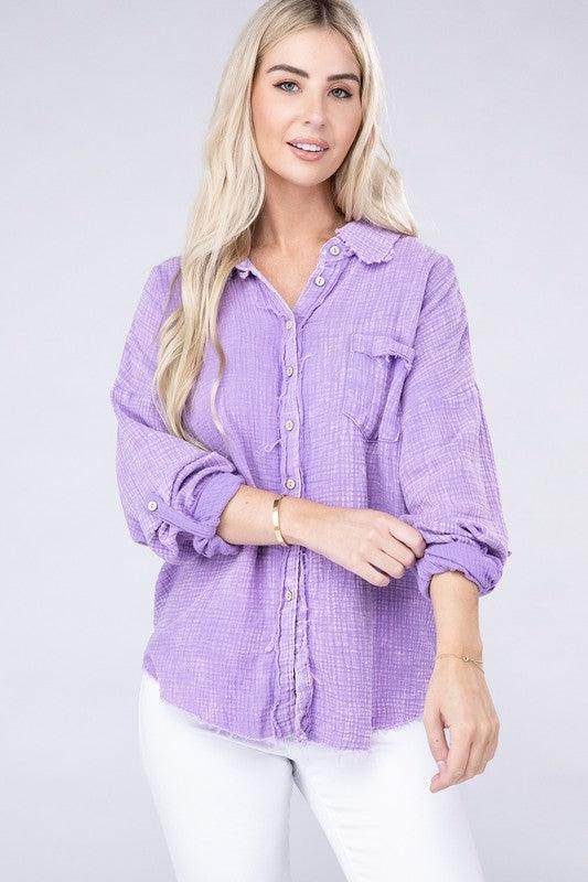 Washed Double Gauze Button Down Shirt - VacationGrabs