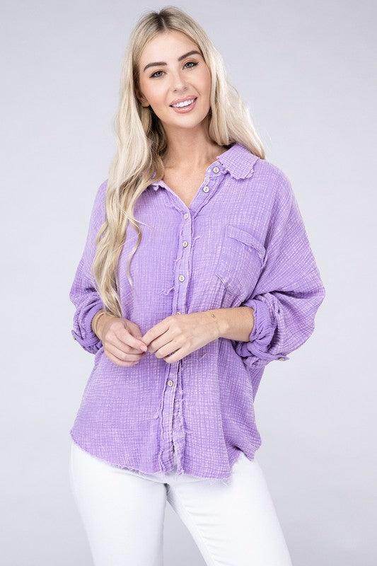 Washed Double Gauze Button Down Shirt - VacationGrabs