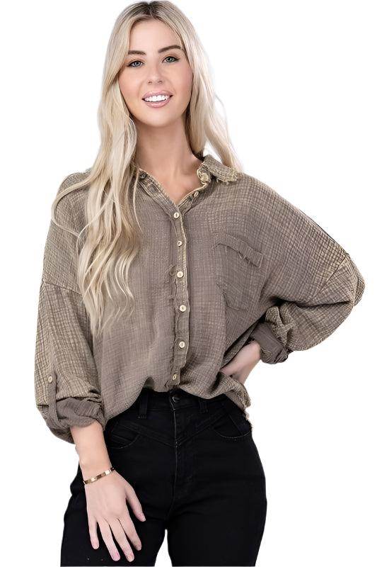 Washed Double Gauze Button Down Shirt - VacationGrabs
