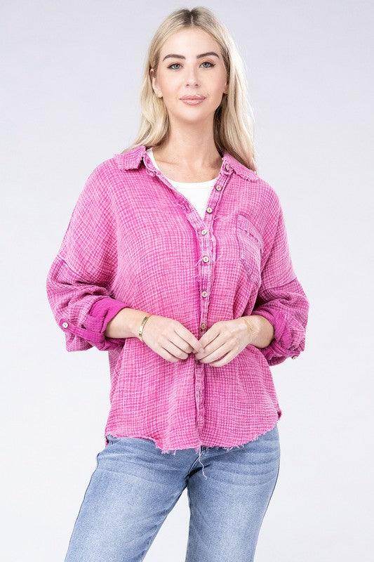 Washed Double Gauze Button Down Shirt - VacationGrabs