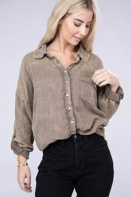 Washed Double Gauze Button Down Shirt - VacationGrabs