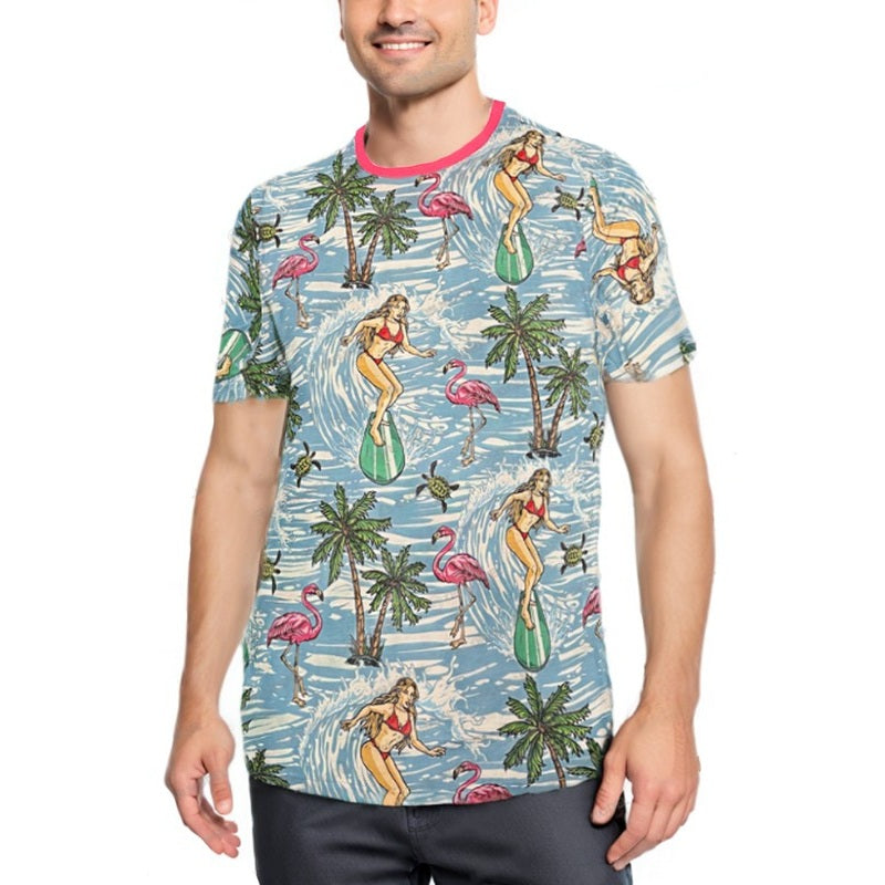 WEIV mens tropical print tshirt with surfers, flamingos, palm trees, and ocean waves on blue background