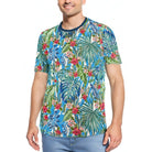 WEIV mens tropical print tshirt with vibrant green leaves and red flowers on blue background