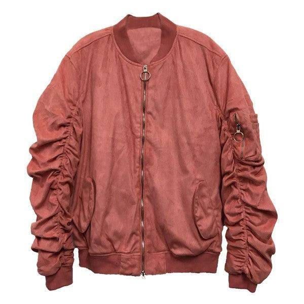 Microsuede Scrunched Bomber Jacket - VacationGrabs