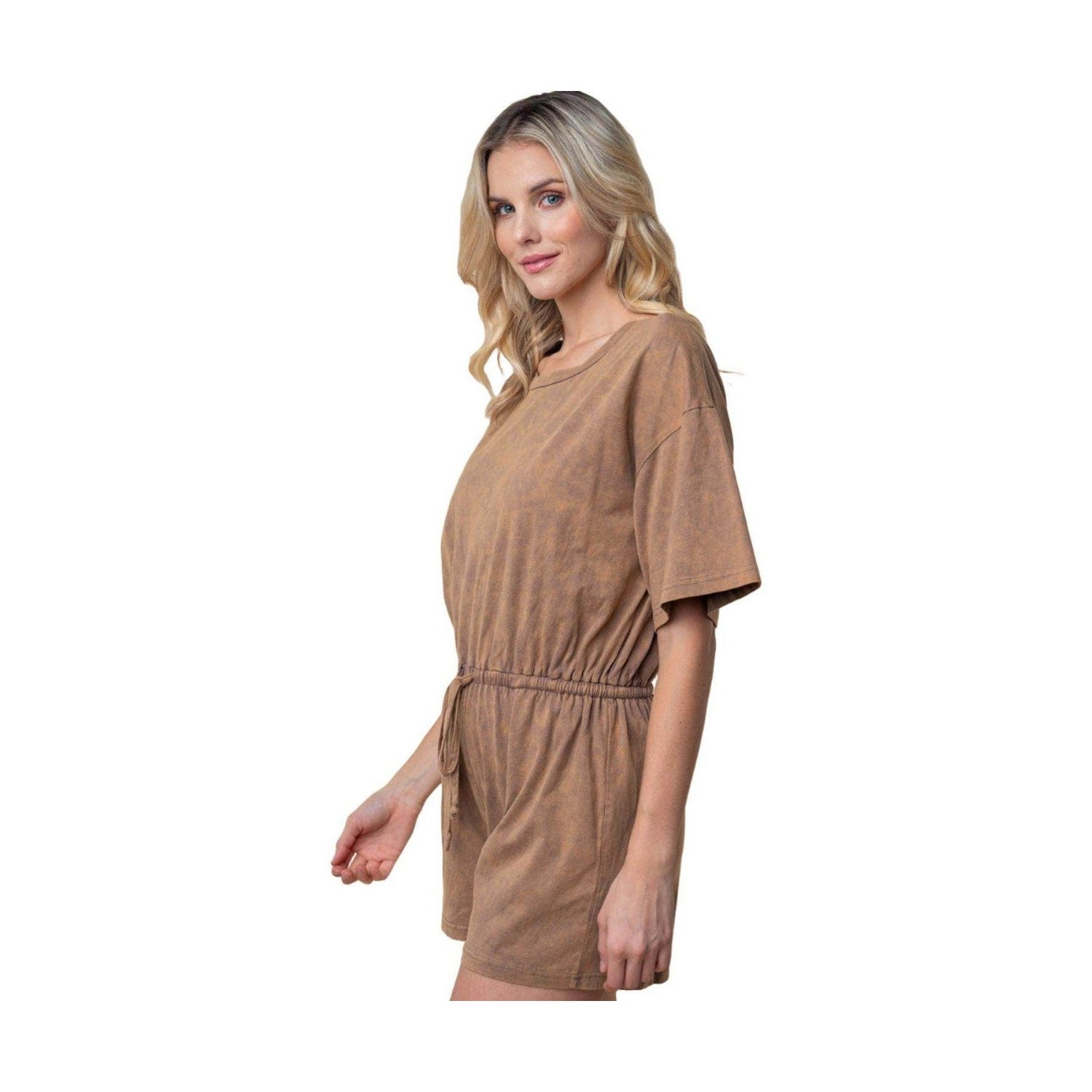 White Birch Full Size Short Sleeve Drawstring Romper - VacationGrabs