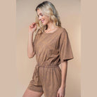 White Birch Full Size Short Sleeve Drawstring Romper - VacationGrabs
