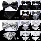 White Black Gray Silver Silk Mens Bow Ties Hanky Cufflinks - VacationGrabs