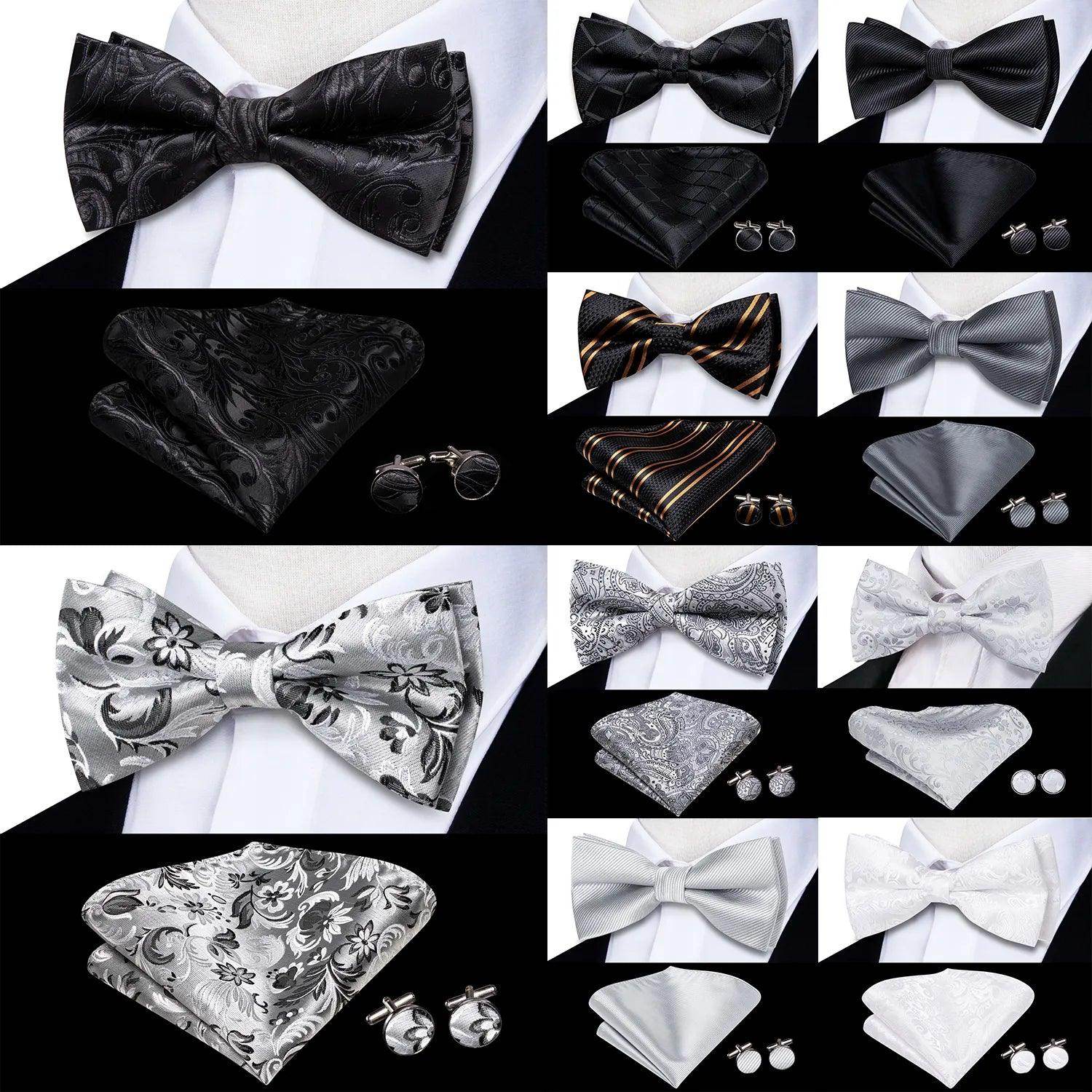 White Black Gray Silver Silk Mens Bow Ties Hanky Cufflinks - VacationGrabs