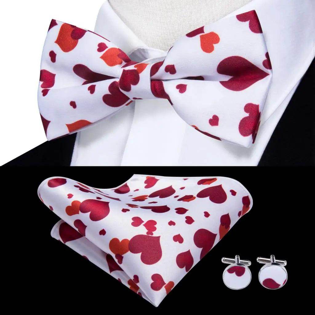 White Black Gray Silver Silk Mens Bow Ties Hanky Cufflinks - VacationGrabs