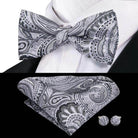 White Black Gray Silver Silk Mens Bow Ties Hanky Cufflinks - VacationGrabs
