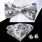 White Black Gray Silver Silk Mens Bow Ties Hanky Cufflinks - VacationGrabs