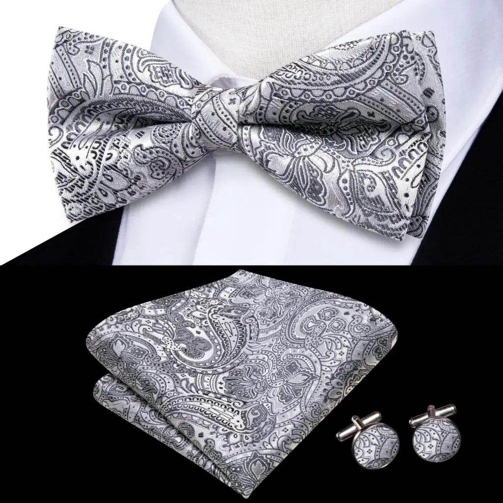 White Black Gray Silver Silk Mens Bow Ties Hanky Cufflinks - VacationGrabs