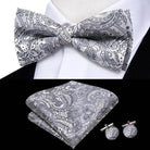 White Black Gray Silver Silk Mens Bow Ties Hanky Cufflinks - VacationGrabs