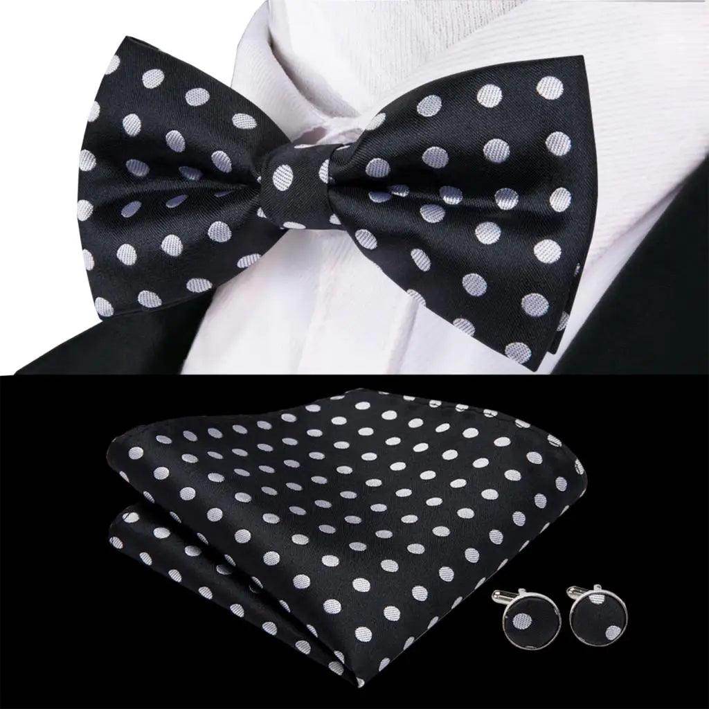 White Black Gray Silver Silk Mens Bow Ties Hanky Cufflinks - VacationGrabs
