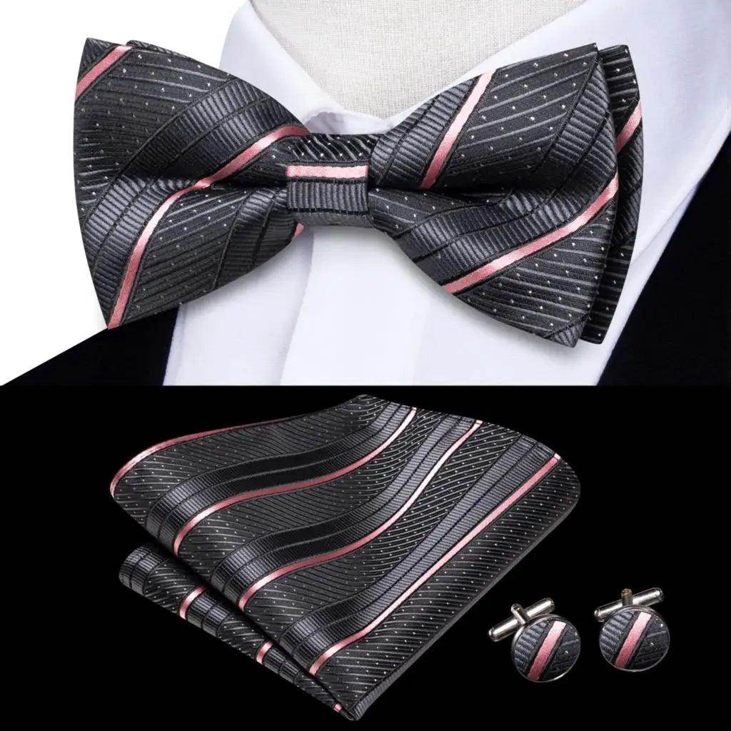 White Black Gray Silver Silk Mens Bow Ties Hanky Cufflinks - VacationGrabs
