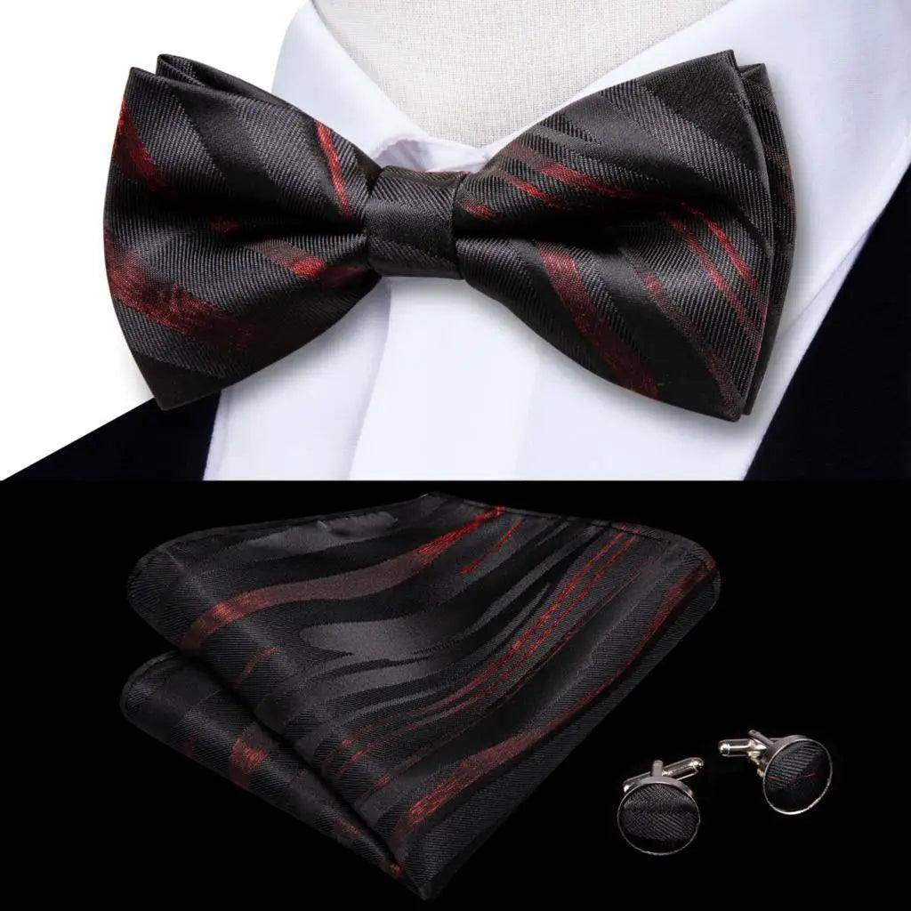 White Black Gray Silver Silk Mens Bow Ties Hanky Cufflinks - VacationGrabs