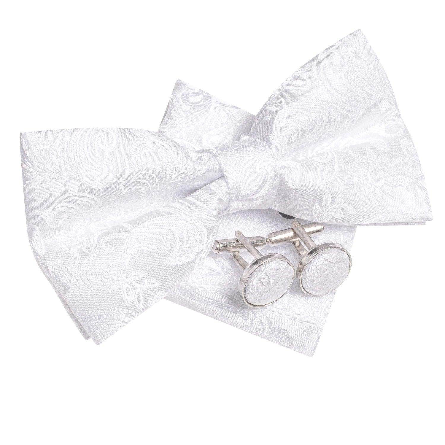 White Black Gray Silver Silk Mens Bow Ties Hanky Cufflinks - VacationGrabs