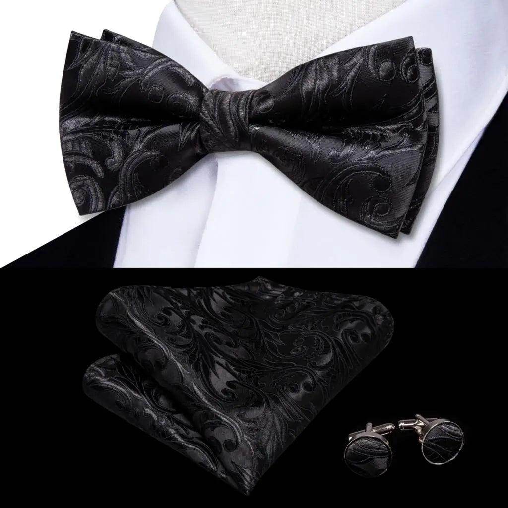 White Black Gray Silver Silk Mens Bow Ties Hanky Cufflinks - VacationGrabs