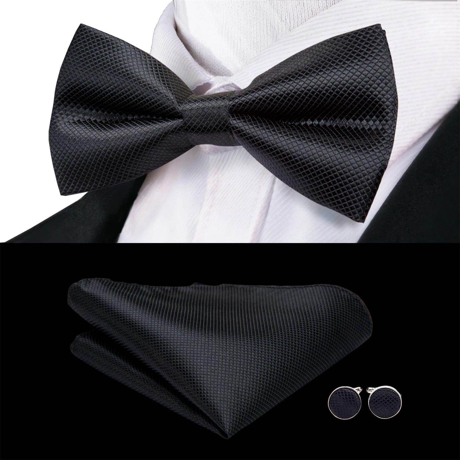 White Black Gray Silver Silk Mens Bow Ties Hanky Cufflinks - VacationGrabs