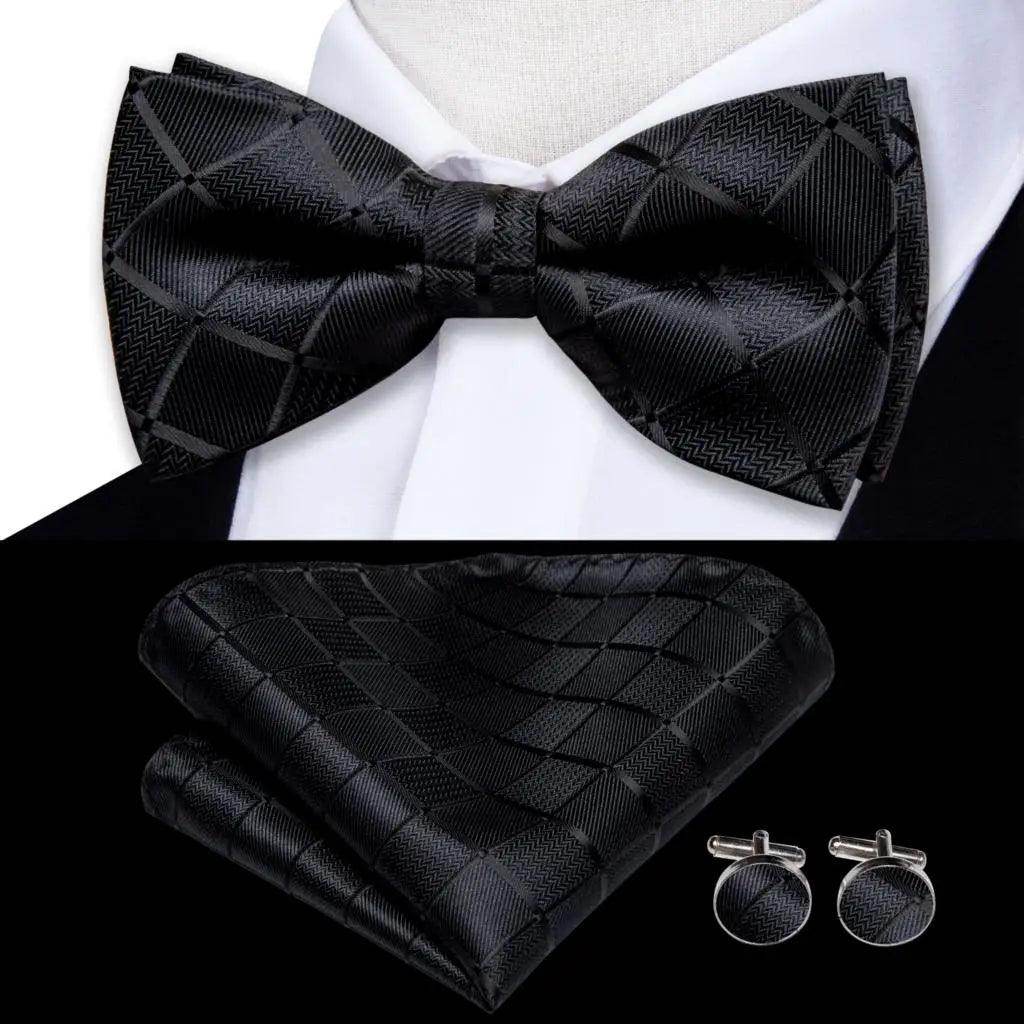 White Black Gray Silver Silk Mens Bow Ties Hanky Cufflinks - VacationGrabs