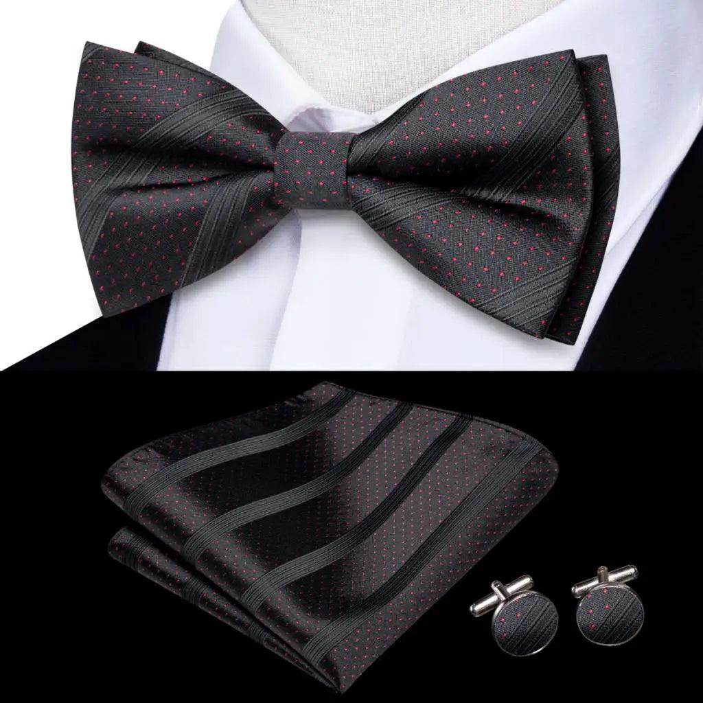 White Black Gray Silver Silk Mens Bow Ties Hanky Cufflinks - VacationGrabs