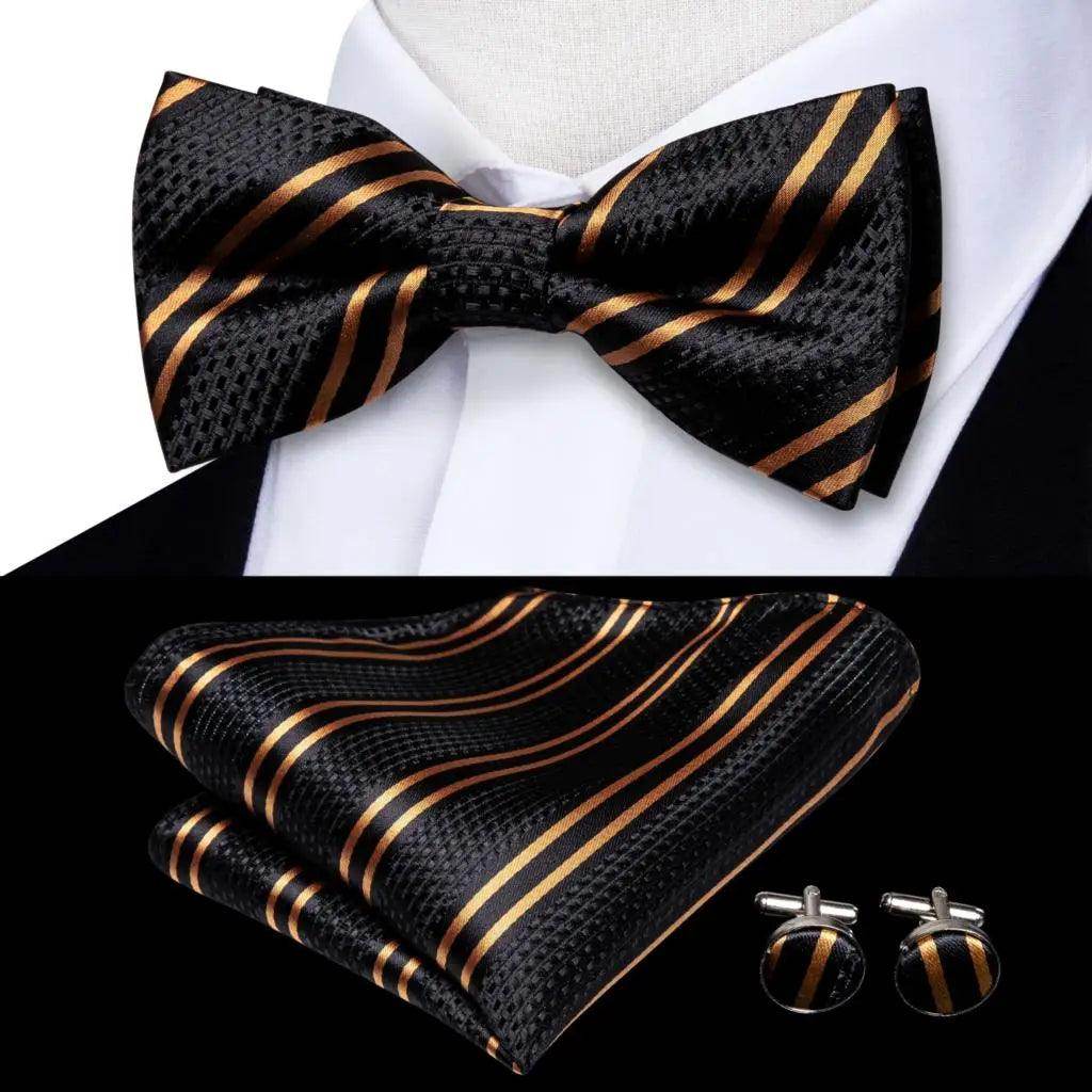 White Black Gray Silver Silk Mens Bow Ties Hanky Cufflinks - VacationGrabs