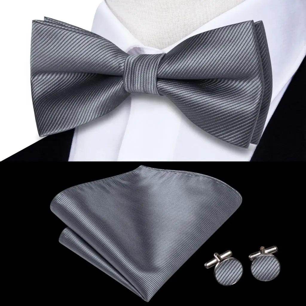 White Black Gray Silver Silk Mens Bow Ties Hanky Cufflinks - VacationGrabs