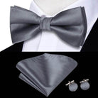 White Black Gray Silver Silk Mens Bow Ties Hanky Cufflinks - VacationGrabs