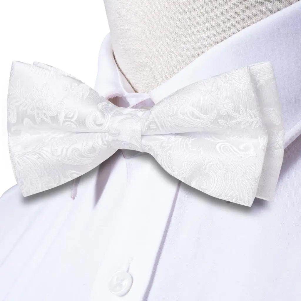 White Black Gray Silver Silk Mens Bow Ties Hanky Cufflinks - VacationGrabs