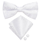 White Black Gray Silver Silk Mens Bow Ties Hanky Cufflinks - VacationGrabs
