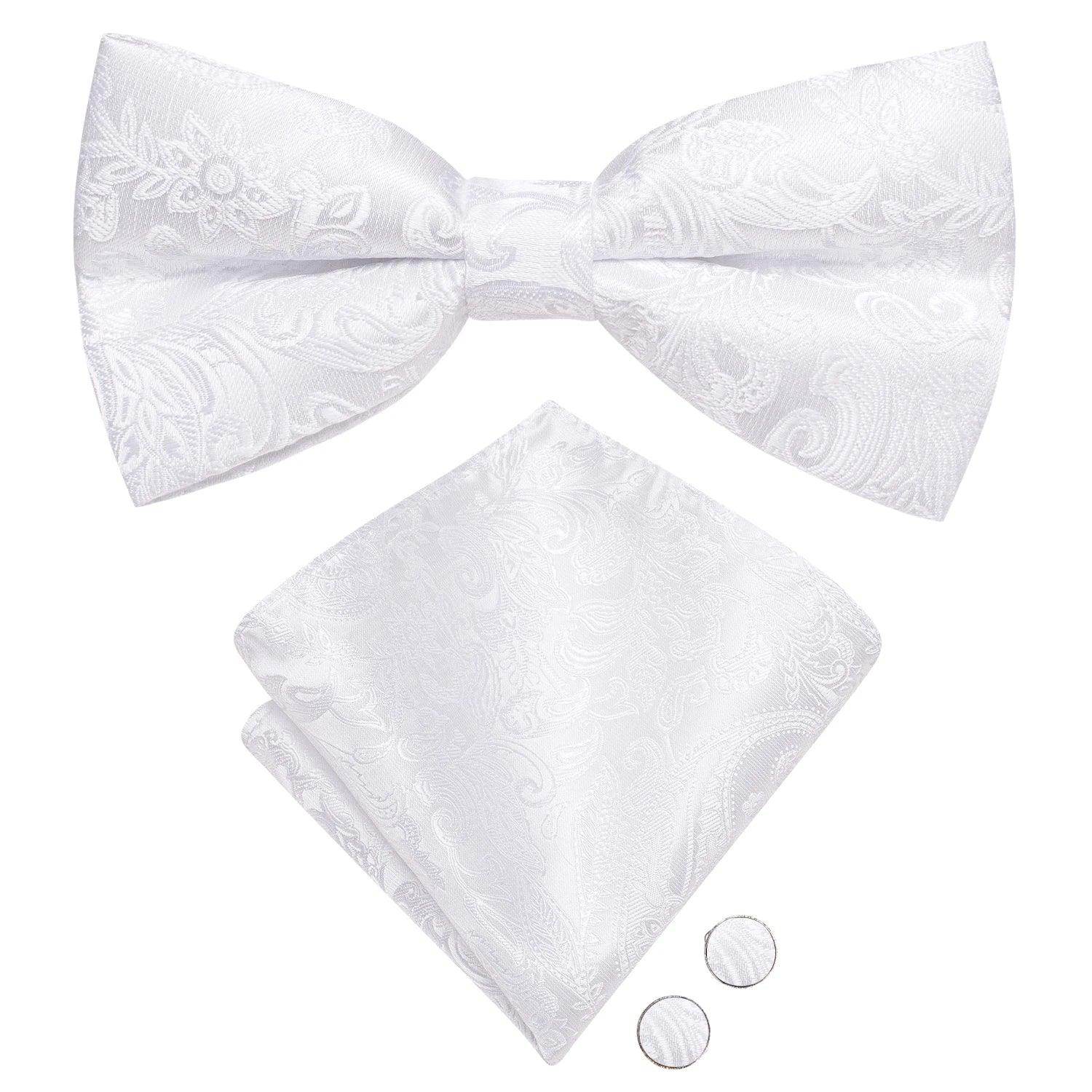 White Black Gray Silver Silk Mens Bow Ties Hanky Cufflinks - VacationGrabs