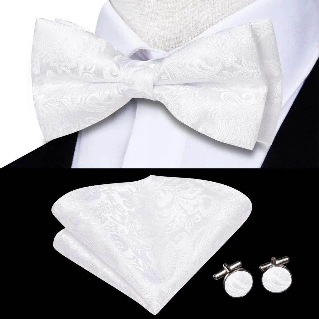 White Black Gray Silver Silk Mens Bow Ties Hanky Cufflinks - VacationGrabs